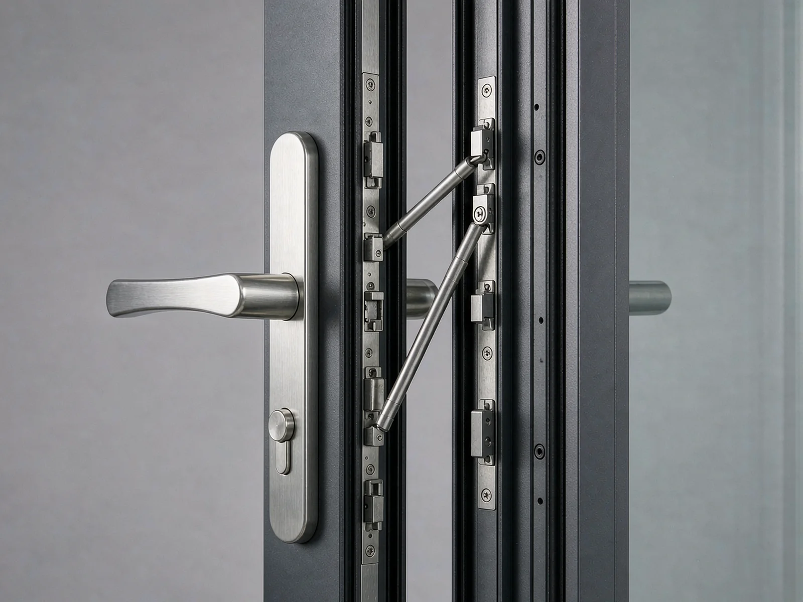 Multi-point lock and stainless hardware on a glass door
