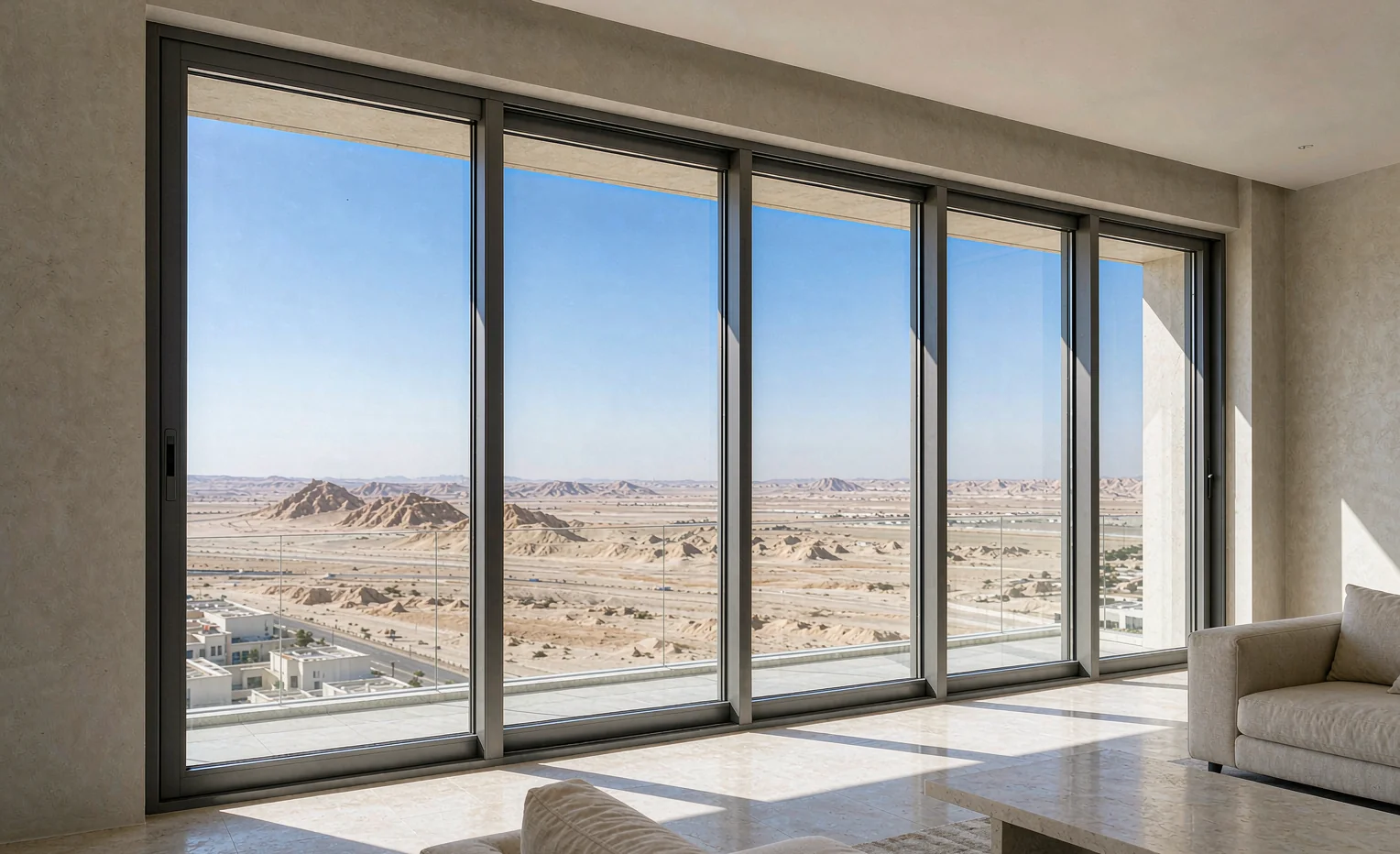 Full-height thermal-break sliding glazing in a Gulf apartment overlooking desert