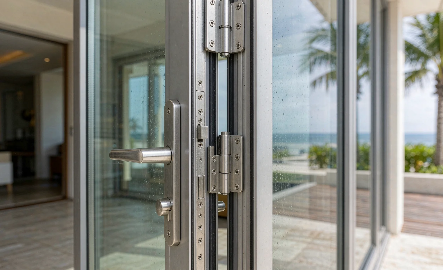 Marine-grade 316 stainless steel multi-point door hardware at a coastal resort
