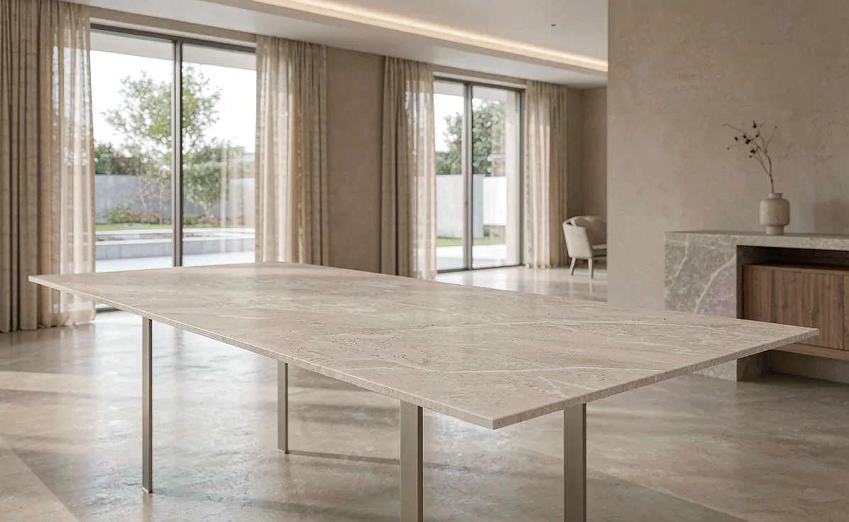 Sintered-stone top with a drip edge that sheds water