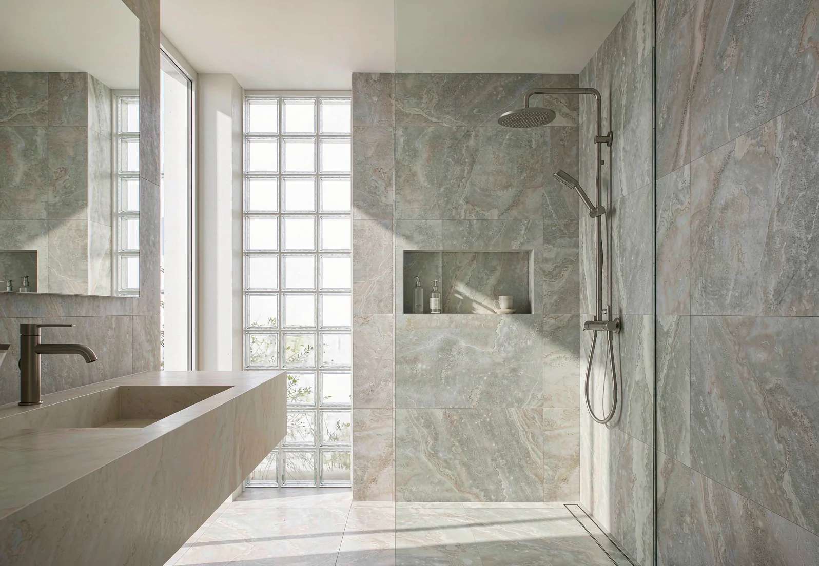 Modern bathroom clad in large-format porcelain wall tiles